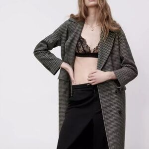 Zara‎ Charcoal Gray Houndstooth Wool Blend Oversized Double Breasted Coat Large